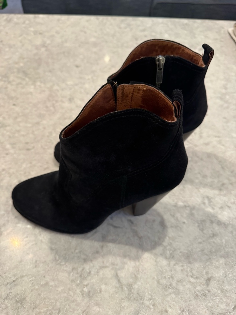 EUC Frye Black Suede Ankle Booties with 4” Stacked Heel